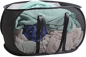 BENJUN Collapsible mesh pop-up laundry basket，Reinforced and elongated shoulder strap Hampers for Laundry, Clothing Storage & Room Organization, Perfect for Dorms & Laundry Rooms (Black)…