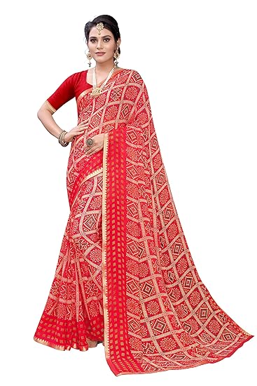 Women's Chiffon Handcrafted Traditional Red Bandhani Chex Saree