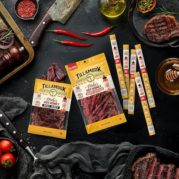 TILLAMOOK COUNTRY SMOKER BEEF SMOKED SAUSAGES, MIKE’S HOT HONEY, 3.6 OUNCE, REAL HARDWOOD SMOKED SAUSAGES, LOW CARB, HIGH PROTEIN, READY TO EAT SWEET & SPICY SNACK