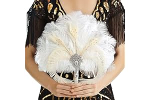 BABEYOND Vintage Bridal Feather Bouquet 1920s Ostrich Feather Fan Crystal Bridesmaid Bouquet 20s Gatsby Wedding Bouquet Flapper Accessories (White)