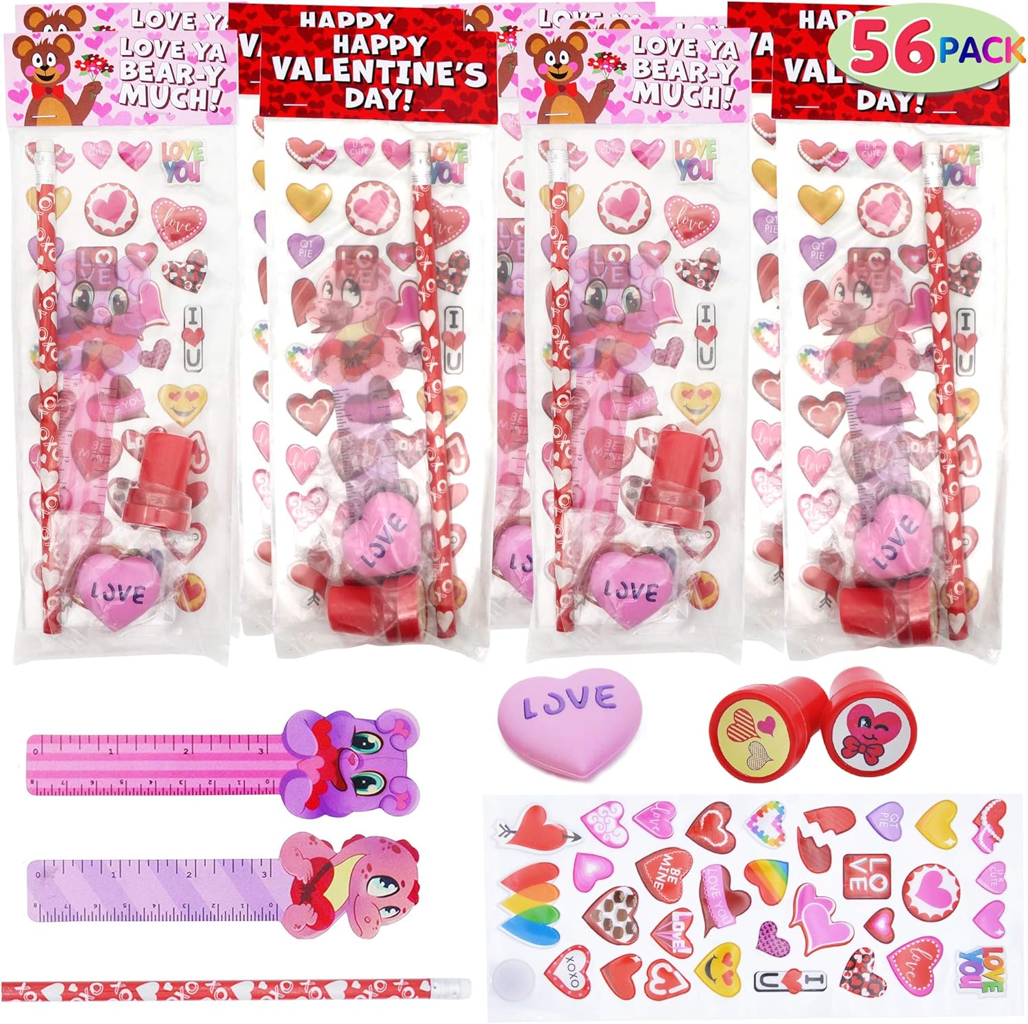 JOYIN 56 Pack Assorted Valentines Day Stationery for Kids Valentine School Classroom Exchange Gift Party Favor Supplies