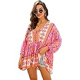 HECCPLI Women Boho V-Neck 3/4 Sleeves Tunic Top Relaxed Fit Casual Print Blouse