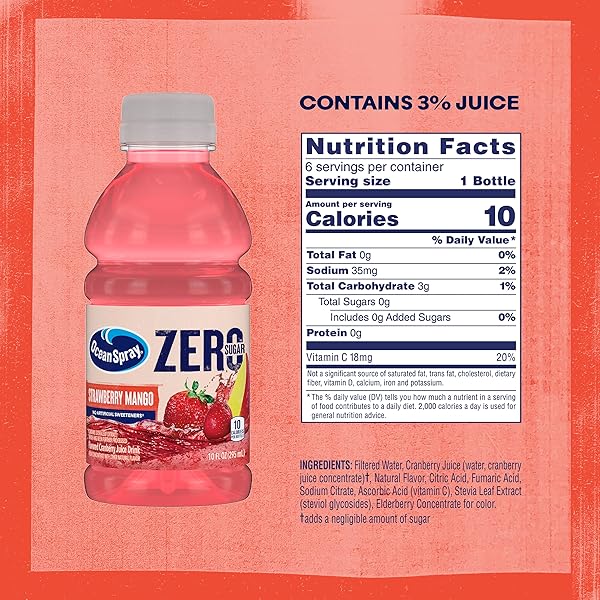 OCEAN SPRAY® ZERO SUGAR STRAWBERRY MANGO JUICE DRINK, STRAWBERRY MANGO JUICE DRINK SWEETENED WITH STEVIA, 10 FL OZ BOTTLE, 6 COUNT (PACK OF 1)