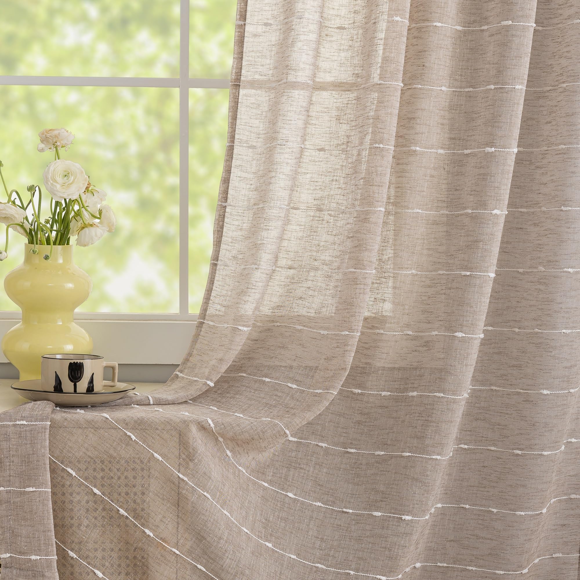 Photo 1 of Conkov Taupe Sheer Curtains 84 Inches Long for Living Room 2 Panels Set,Flax Linen Farmhouse Curtains Neutral Boho Style White Embroidered Striped Drapes for Bedroom Dining Room Window, 52" W X 84" L