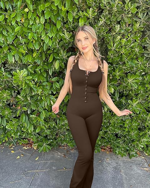 OQQ JUMPSUITS FOR WOMEN RIBBED SQUARE NECK SLEEVELESS SEXY STRETCH FLARE JUMPSUITS DARKBROWN