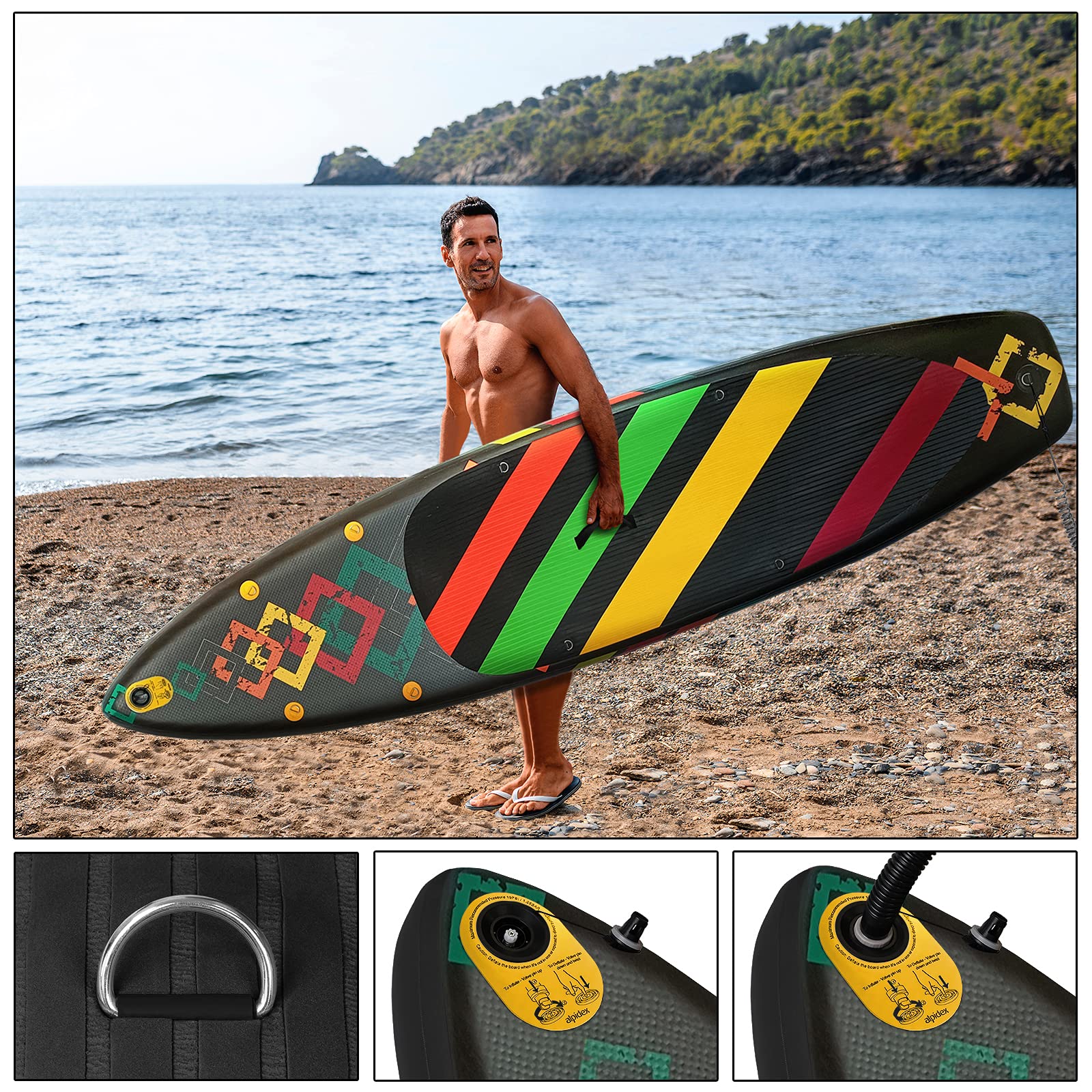 ALPIDEX Stand Up Paddle Set SUP 320 x 76 x 15 cm max. belastbar bis 200 kg Aufblasbar Stabil Leicht Komplett Set Tragetasche Paddel Finnen Luftpumpe Leash Repair Kit, Farbe:Black 7
