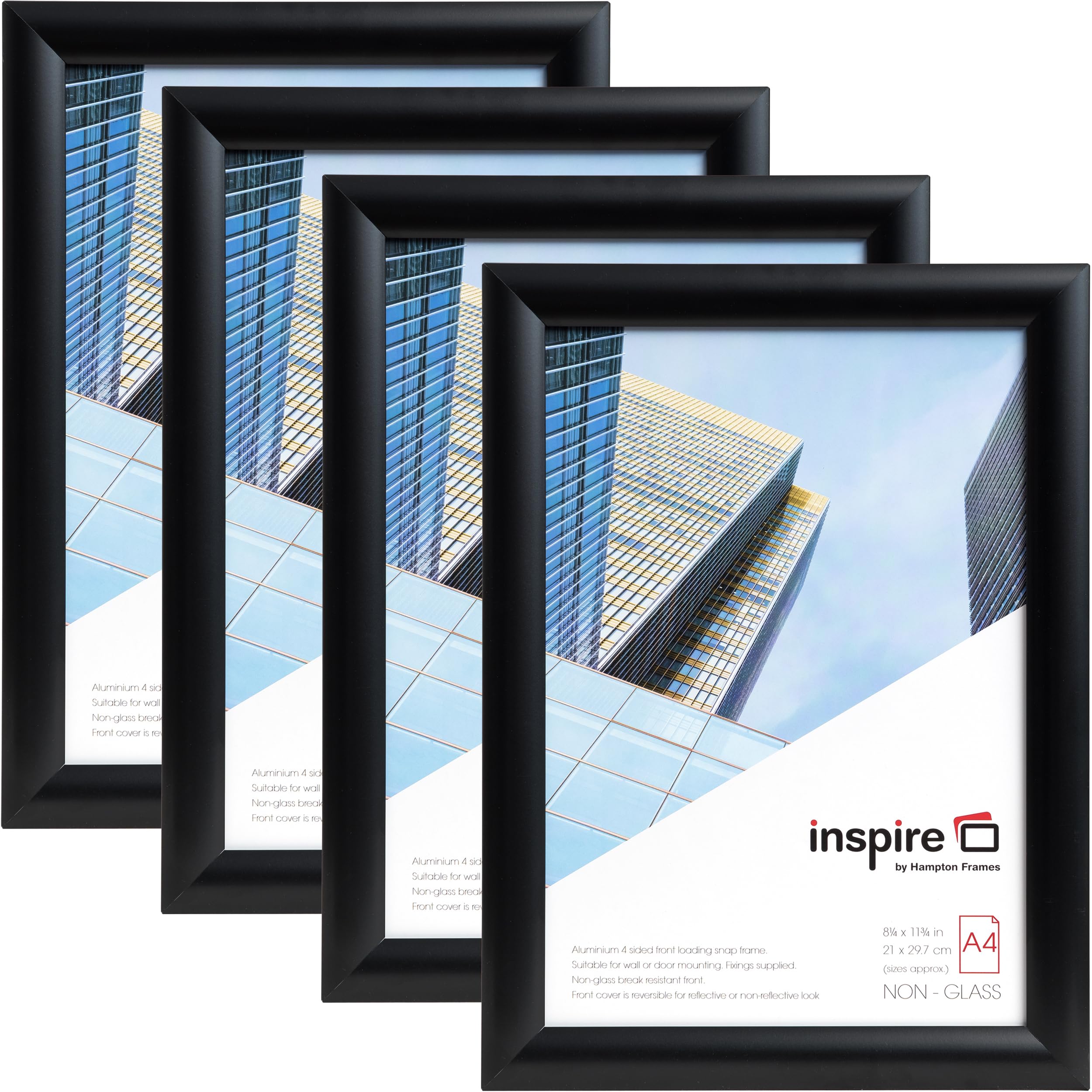 Inspire by Hampton A4 Snap Frame 21x30cm Black Pack of 4, Acrylic Front, Easy Open, Wall Mountable, For Posters Certificates Photos