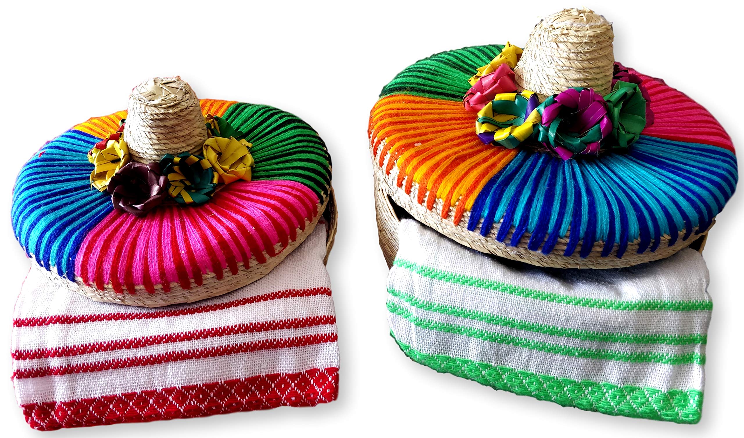 Jacq & Jürgen – 2-Pack Handwoven Mexican Style Palm Baskets with 2 Cotton Tortilla Napkins – 100% Natural Palm, Multicolor2, Medium and Large.