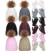 JaGely 12 Pcs Women Winter Knitted Hat Gloves Set Touch Screen Gloves Warm Knitted Beanie Hats Faux Fur Pom Winter Warm Set