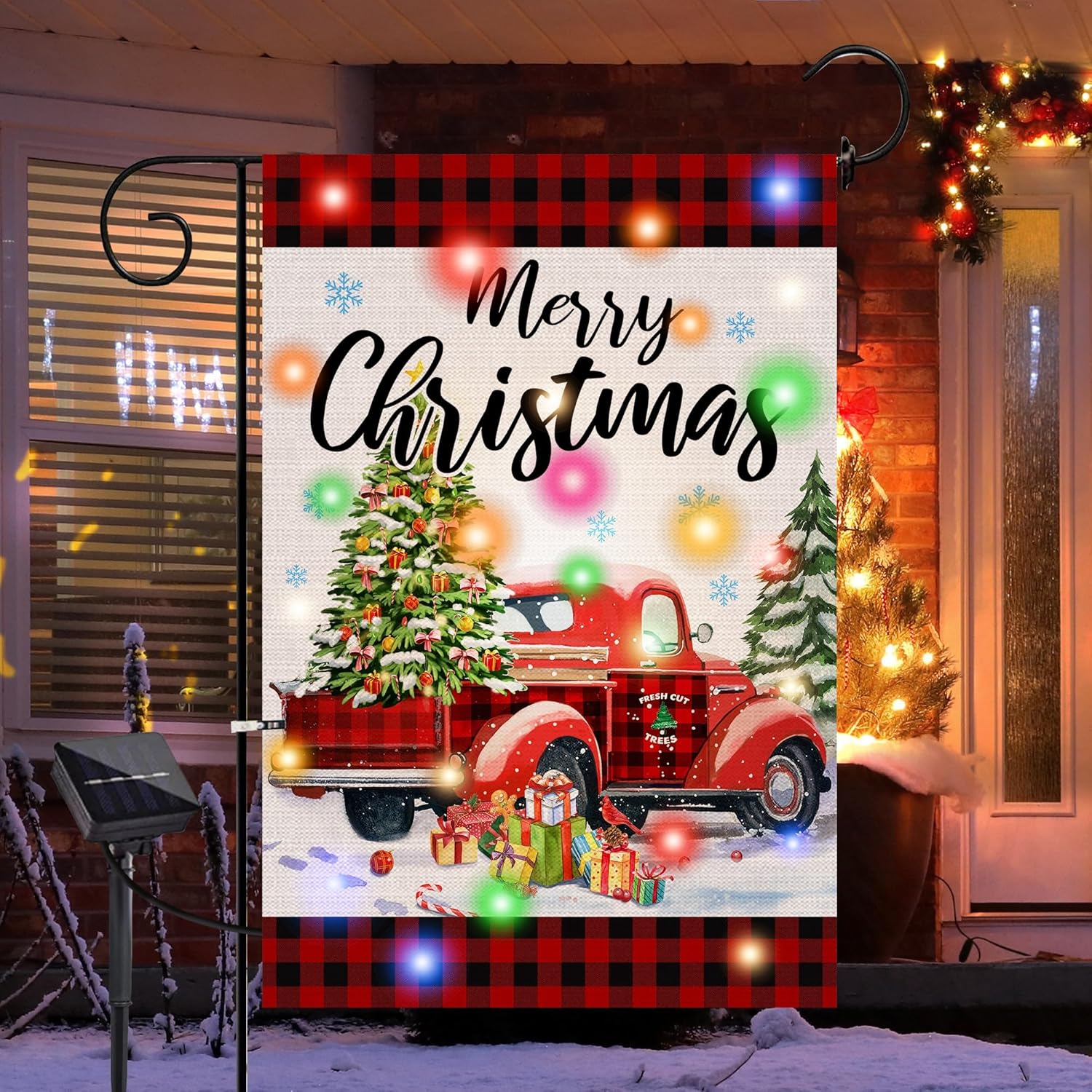 Flags - Light up Christmas Garden Flag, Solar LED Lighted Christmas Truck Flag 12 X 18 Double Sided Decorations, Farmhouse Outdoor Merry Christmas Outdoor Decor for Home Porch Outside Yard, Red Winter Light
