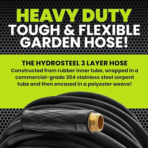 HYDROSTEEL PRO 50 FT GARDEN HOSE, AS SEEN ON TV WATER HOSE 50FT FOR OUTDOORS, TRIPLE LAYER 304 STAINLESS STEEL FLEXIBLE GARDEN HOSE, HEAVY DUTY HOSE, LIGHTWEIGHT, KINK & TANGLE FREE WITH 500 PSI