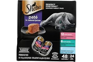 Sheba Perfect Portions Pate Wet Cat Food, Seafood Variety, 2.6 oz, 24 ct | Grain-free, made in USA, Sustainable Salmon, Signature Seafood & Whitefish Tuna, no artificial flavors, twin-pack trays