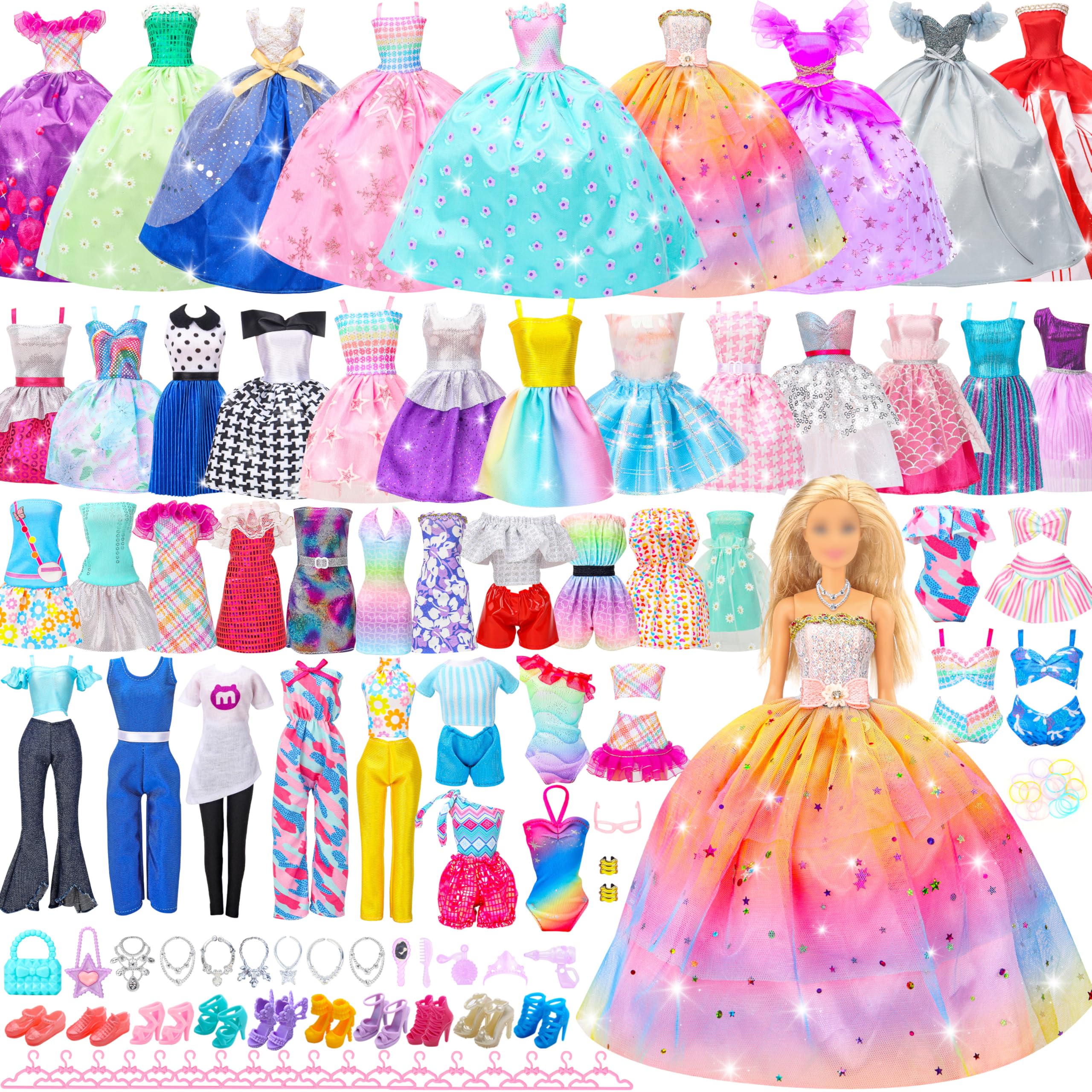 Photo 1 of Style Shine 70 Pcs Doll Clothes and Accessories,2 Wedding Gown 6 Fashion Dresses 2 Set Casual Outfits 1 Top 1 Pant Bikini 1 Swimsuit,20 Hanger 10 Shoe 27 Accessories Toys for Girls Kids Birthday Gift