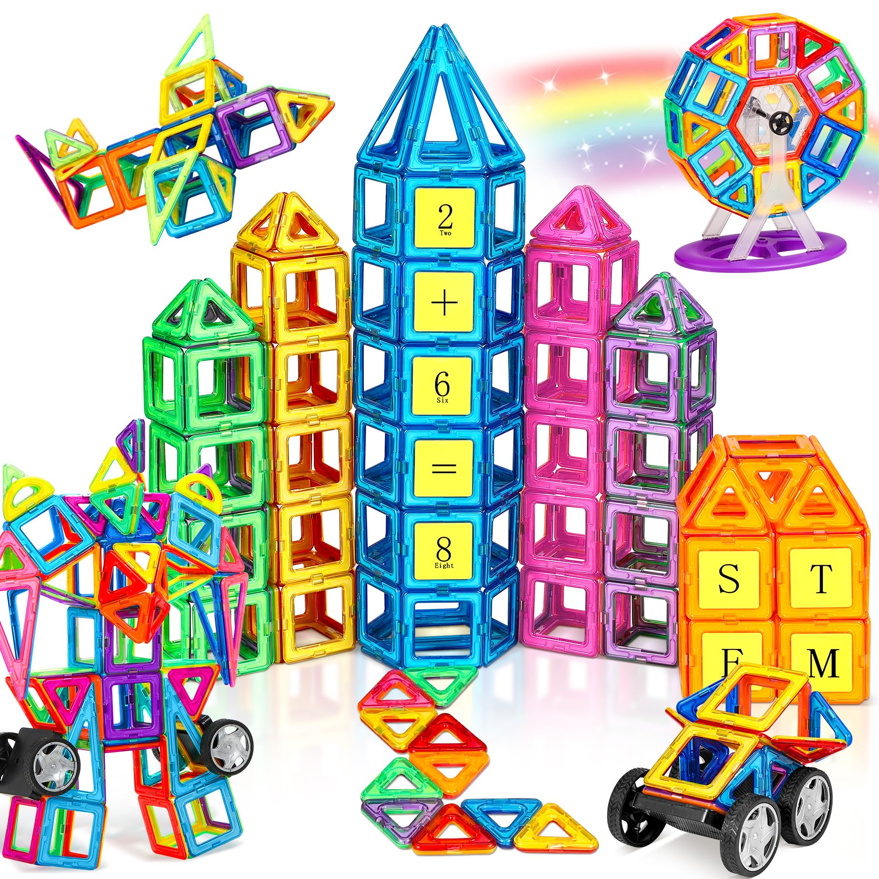 COOLJOY Magnetic Building Blocks, 117 PCS Magnetic Construction Set with Ferris Wheels, Letter & Number, Building Tiles Blocks For 3D Robot Car Plane With Booklet & Store Bag