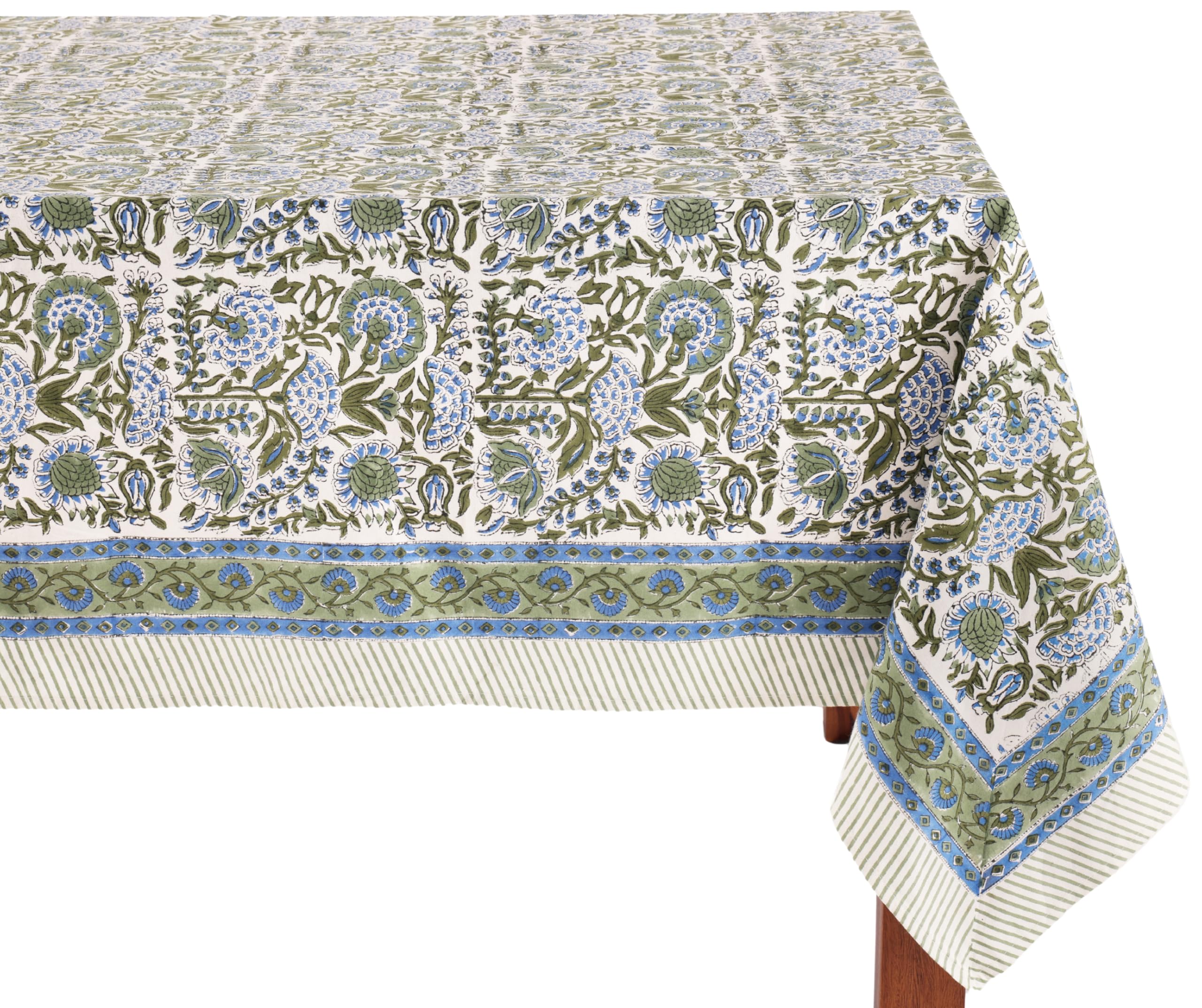 Photo 1 of ATOSII Clover Blue 100% Cotton Rectangle Fall Tablecloth, Handblock Floral Linen Table Cloth for Kitchen Dining Table I Parties Wedding Christmas Thanksgiving I Fall Home Decor 60 X 108 Inches