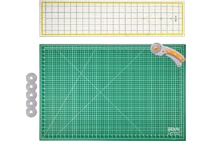 W.A. PORTMAN WA Portman Self Healing Cutting Mat & Rotary Cutter Set – 45mm Rotary Cutter for Fabric with 5 Extra Blades with 24x36 Fabric Cutting Mats for Crafts & 6x24 Acrylic Quilting Rulers – 3pc Sewing Kit
