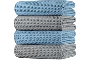 POLYTE Microfiber Oversize Quick Dry Lint Free Bath Towel, 60 x 30 in, 4 Pack (Waffle Weave)