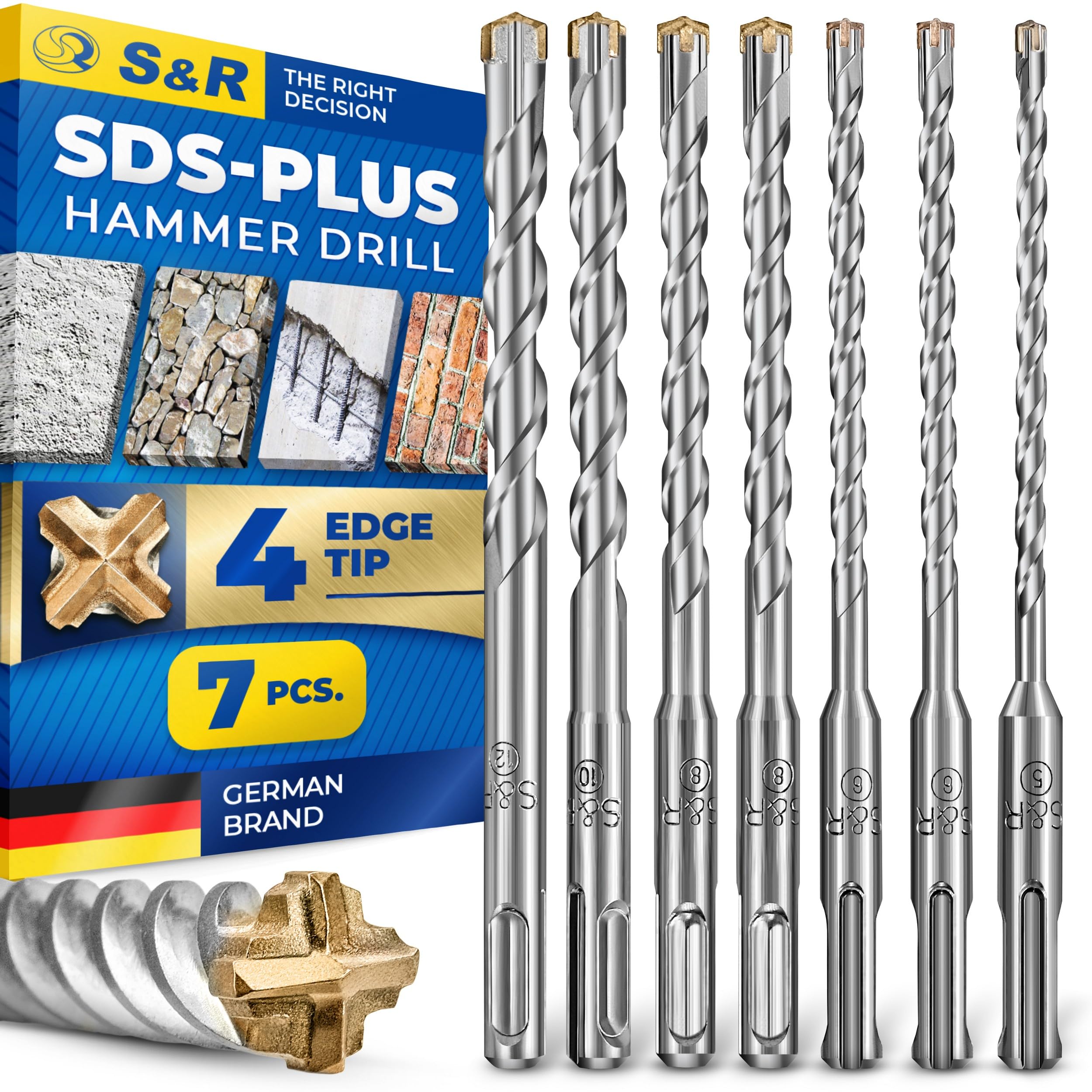 S&R SDS Plus Drill Bit Set 7 pcs 5–12 mm x 160 – SDS Masonry Drill Bits for Concrete, Brick & Stone | Carbide-Tipped | Round Storage Tube