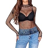 Avidlove Women's Sexy Fishnet Mesh Long Sleeve Tops Mock Neck Sheer Lace See-Through Blouse Bodycon Clubwear Party Tops