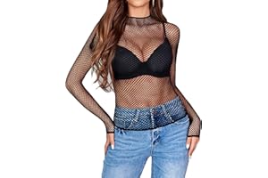 Avidlove Women's Sexy Fishnet Mesh Long Sleeve Tops Mock Neck Sheer Lace See-Through Blouse Bodycon Clubwear Party Tops