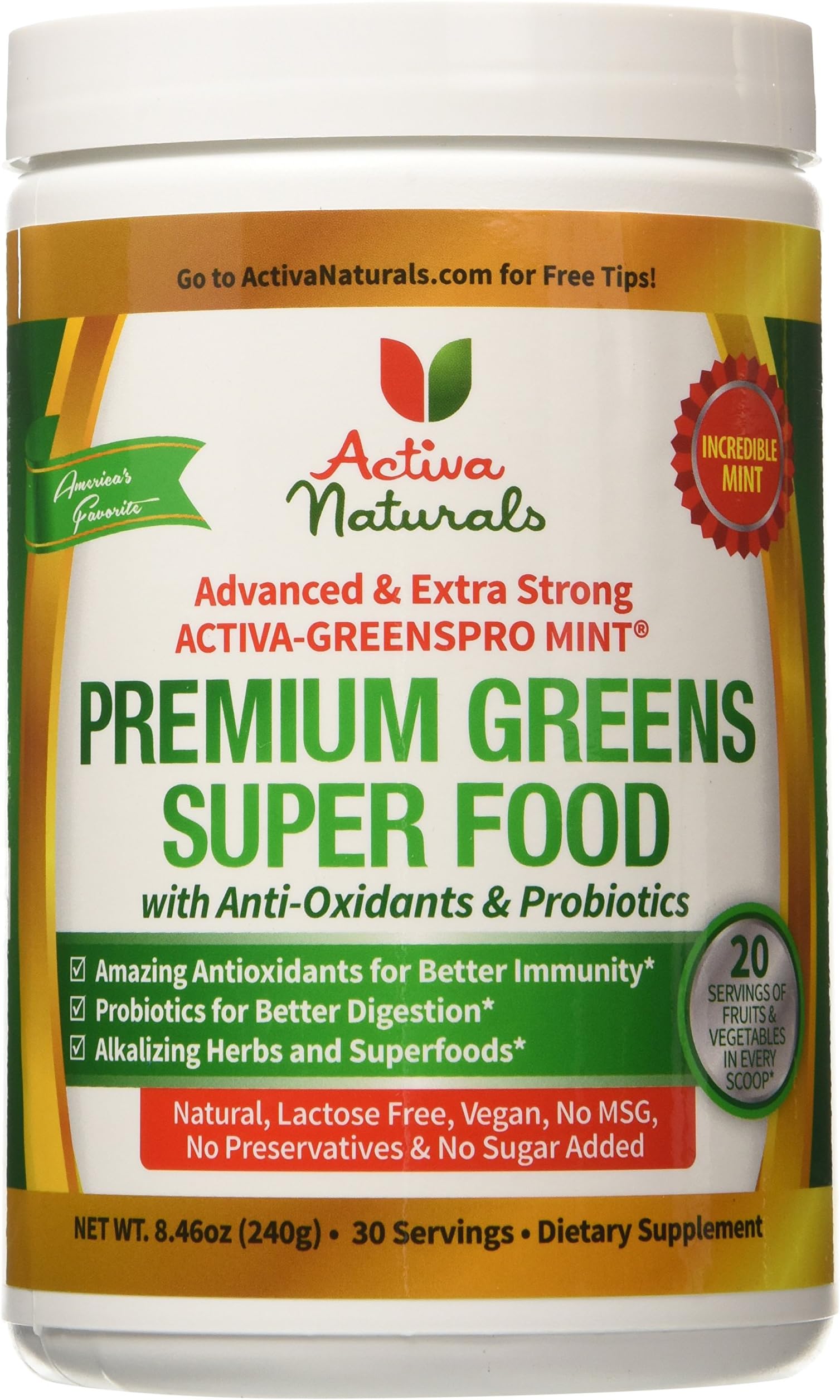 Activa Naturals Greens Superfood with Amazing Whole Food Nutritions, Anti-Oxidants, Probiotics, Vitamins & Minerals - Mint Flavor - 8.46 Ounce (240g)