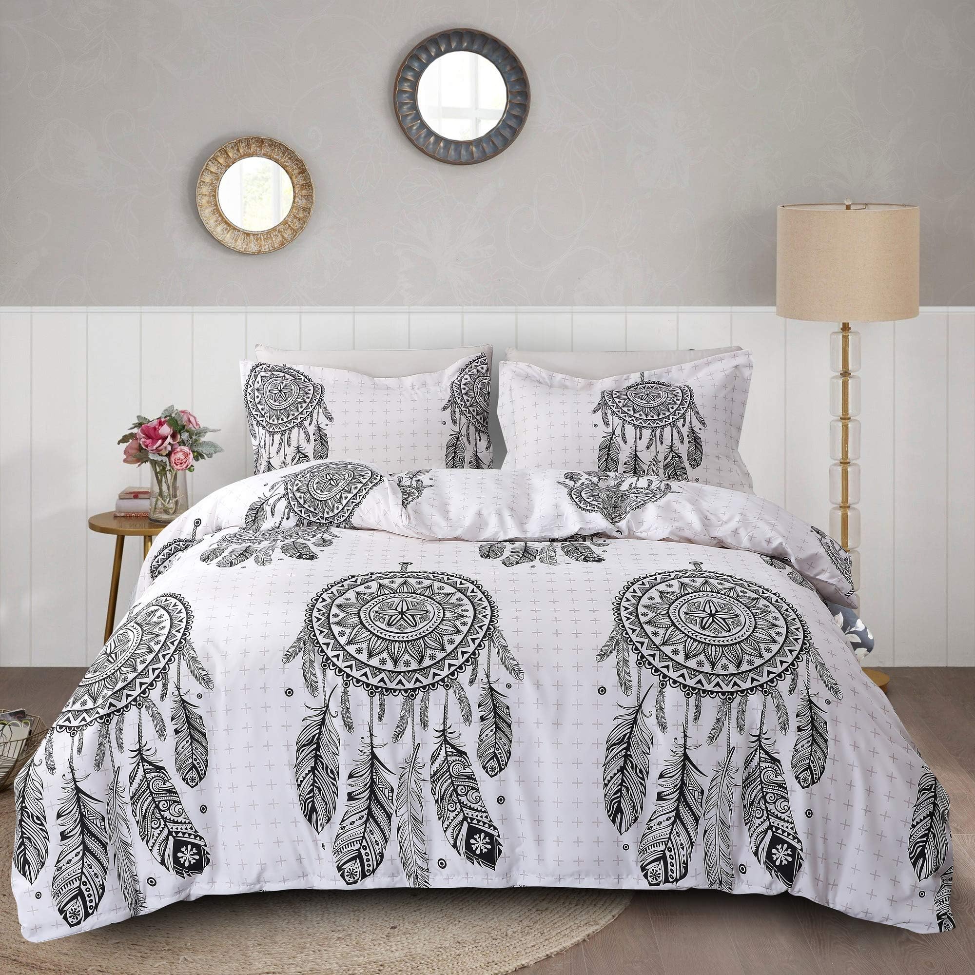 MOOJIIN Art Series White and Black Dreamcatcher Print Duvet Cover Set Lightweight Reversible Comforter Set Soft 3Pcs Set(1 Duvet Cover + 2 Pillow Shams)(King,White)