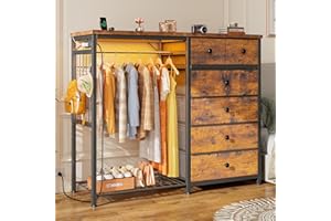 EnHomee 49.2" W Dresser with Hanging Rack & 6 Fabric Drawers – Wooden Top Organize Unit Featuring LED Lights, Charging Station & Grid Panel for Bedroom, Rustic Brown