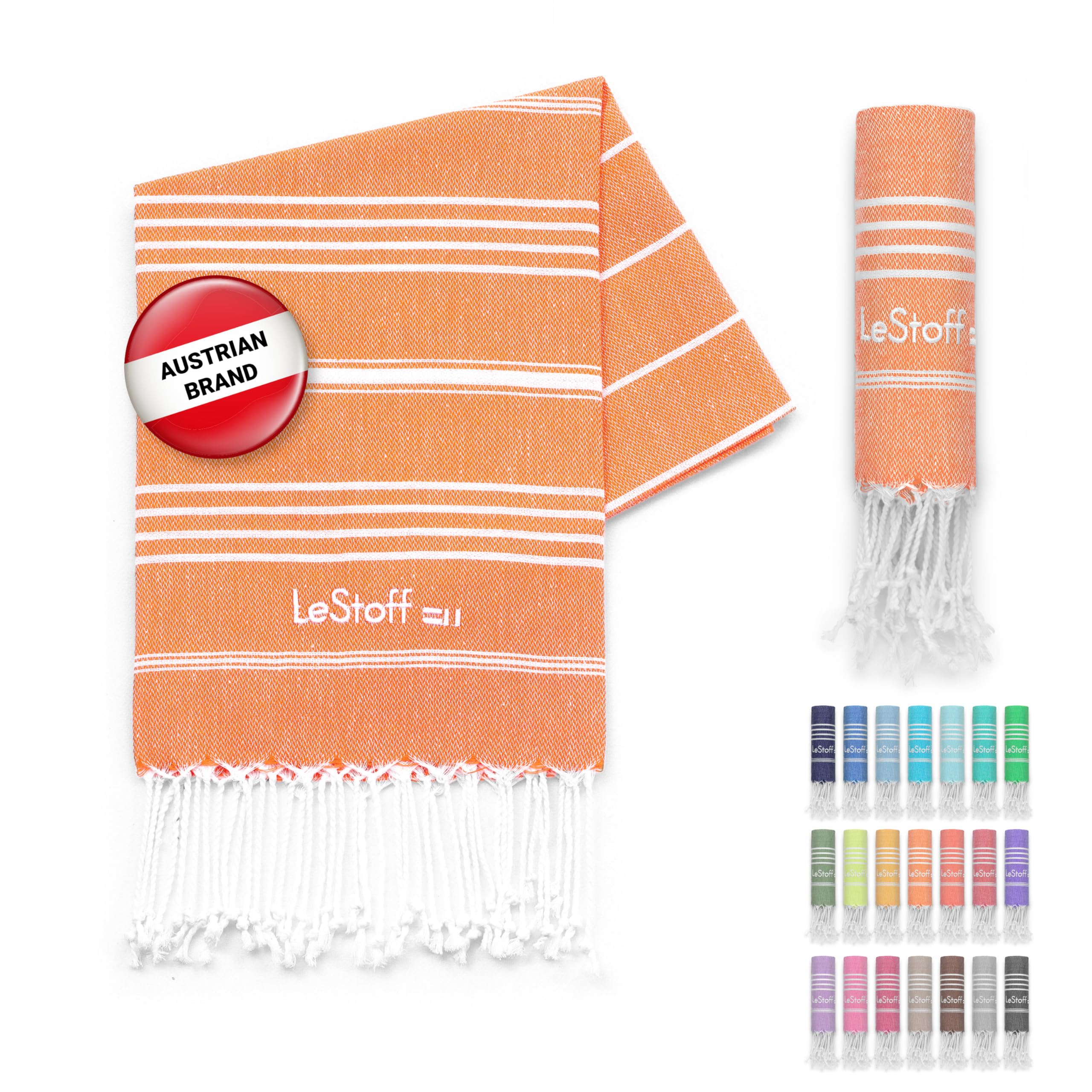 LeStoff Premium Hammam Towel - 100% Organic Cotton - Pre-washed Sustainable Absorbent & Quick-drying - Beach, Bath, Shower, Yoga, Spa & Travel Towel (50 x 100 cm, Orange)