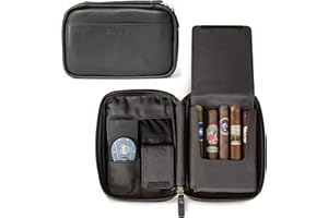 CASE ELEGANCE Klaro Travel Leather Cigar Case, 5 Cigar Storage, 2 Accessory Pockets, Humidification Pocket, Internal Hard-Shell Protection - Black