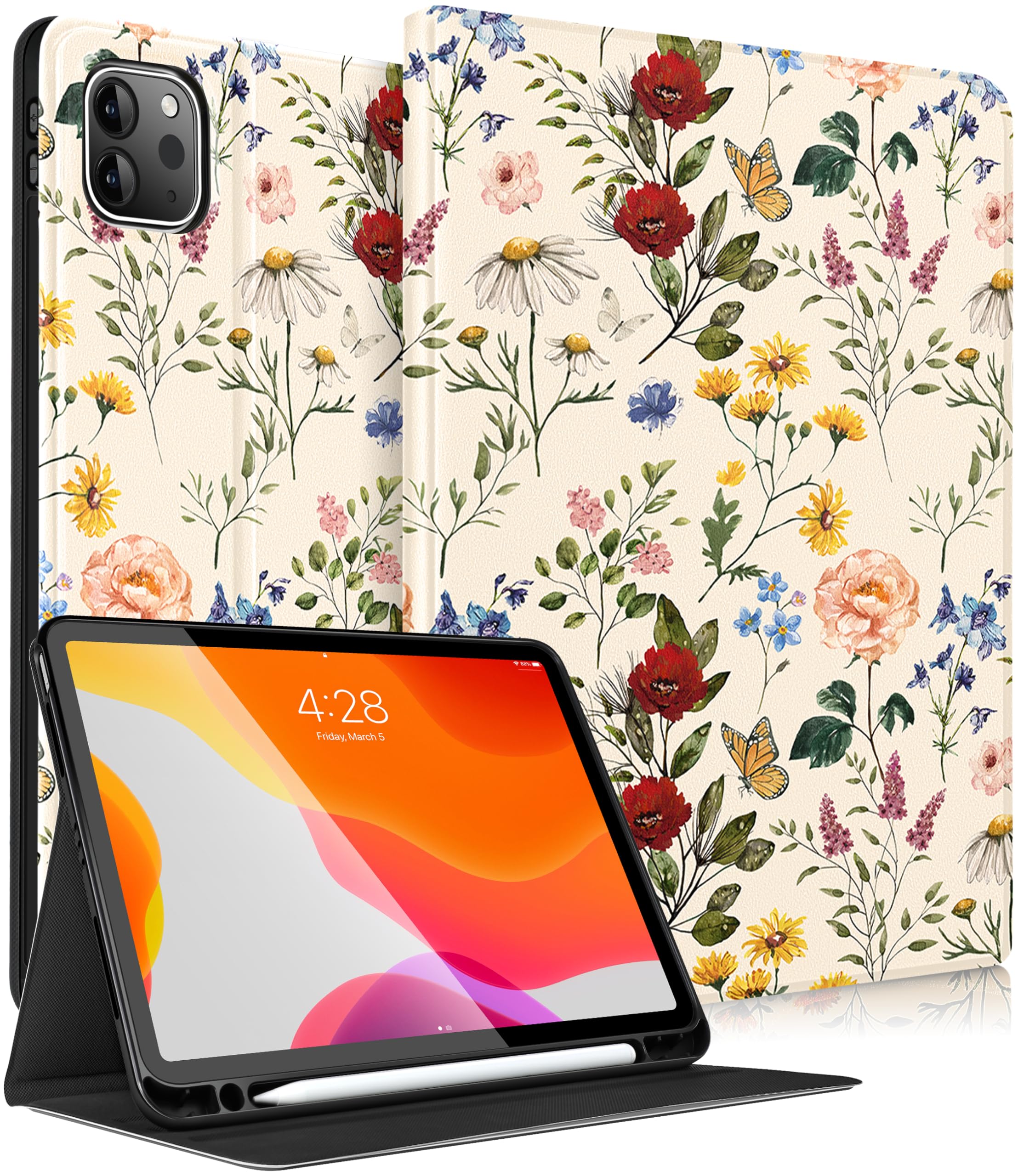 Pegmode for iPad Air 5th/4th Generation Case, for iPad Pro 11 Women Girls Cute Flower Folio Cover Girly Pretty Kawaii Floral Fashion Design With Pencil Holder Smart Cover for iPad Air 5/4, Pro 11 Inch