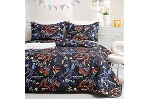 JSD Black Gaming Kids Quilt Set Twin Size, Microfiber Printed Bedspread Coverlet with Pillow Sham, Soft Lightweight Winter Quilted Blanket