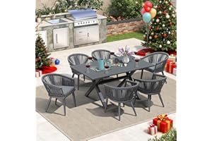 PURPLE LEAF 7 Pieces Outdoor Dining Set with Patio Aluminium Dining Table and Wicker Rattan Chairs Modern Furniture Cushions Sets for Backyard Indoor Decor Kitchen Grey