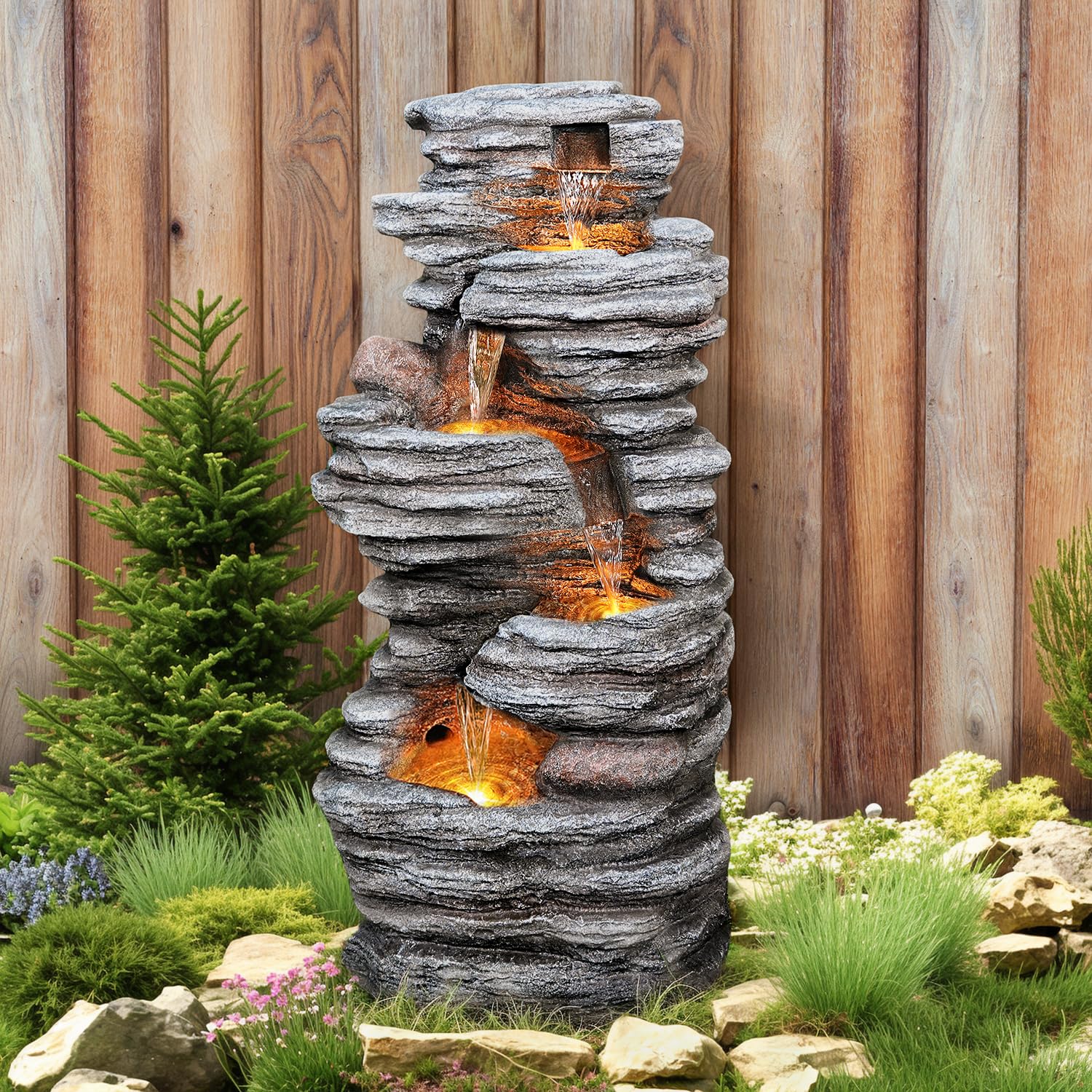 Photo 1 of **** SEE NOTES **** Jocoevol 40" Outdoor Water Fountain with LED Lights - 5-Tier Cascading Rock Waterfall Fountain, Natural Rock Look, Ideal for Garden, Landscaping, Patio, Balconies and Yard Decor