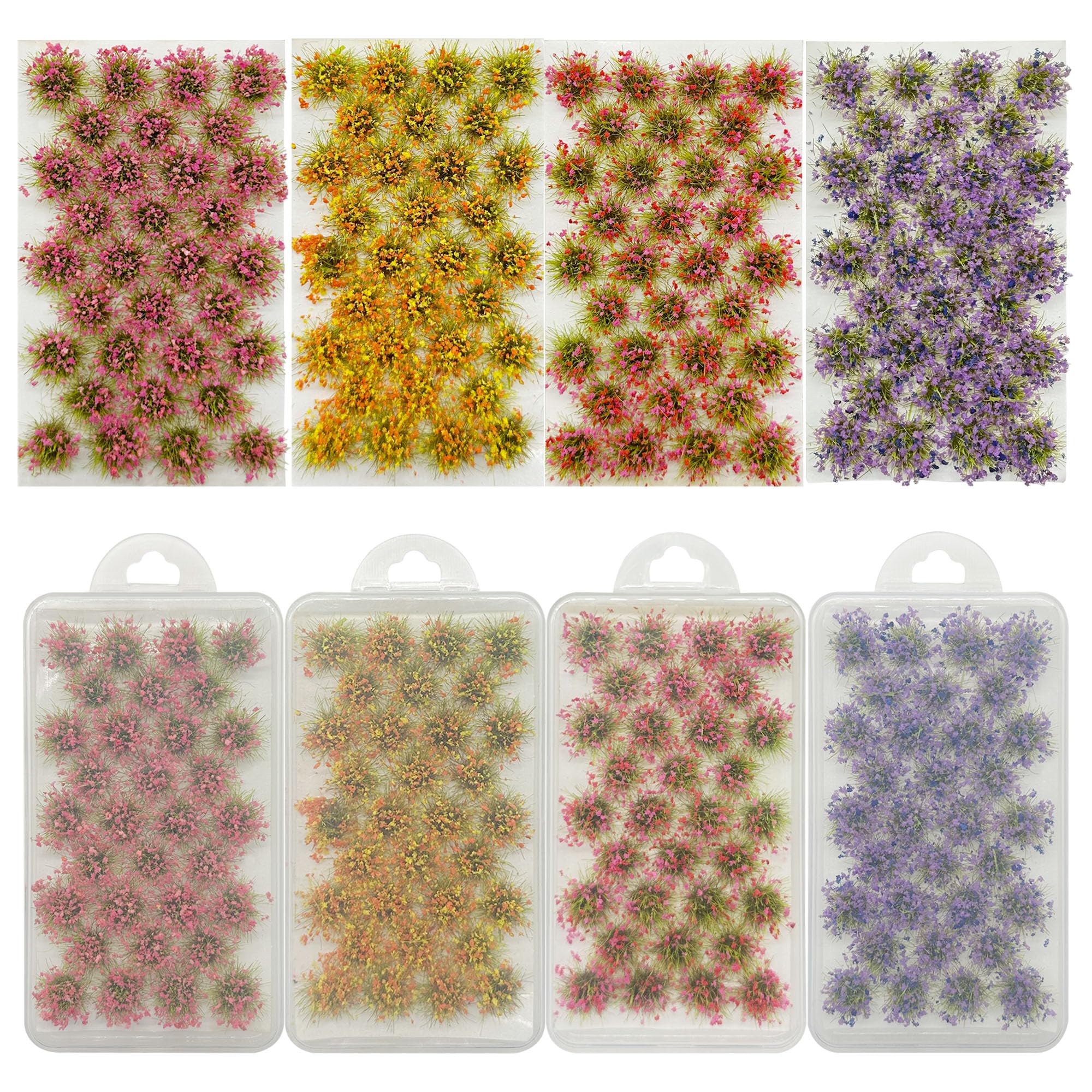 Woohome Artificial Grass Tufts, 128 PCS Railway Nylon Grass, 4 Colors (Blue, Red, Yellow, Pink) Bushy Tuft Flower Cluster for DIY Building Model Train Landscape