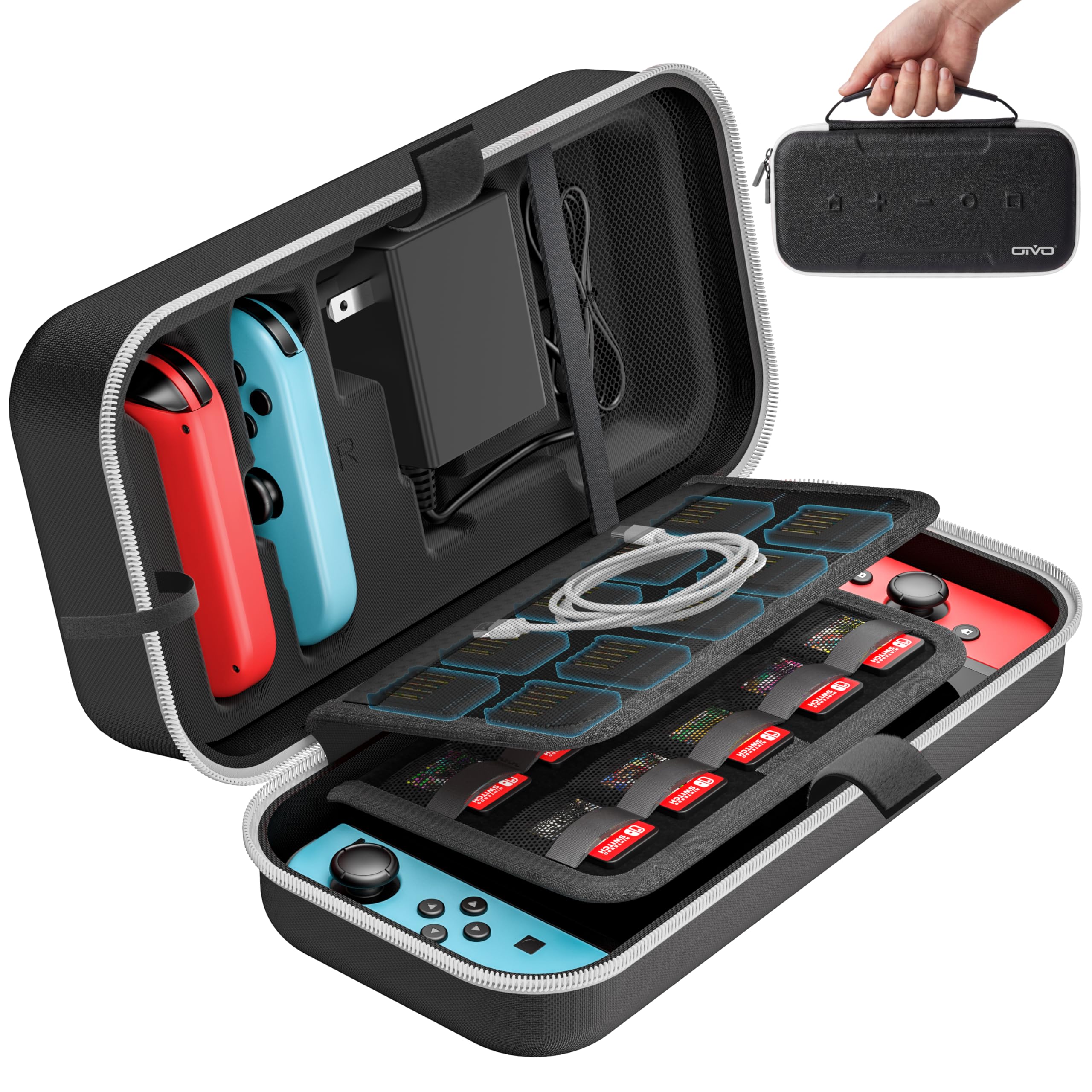 OIVO Switch OLED Carrying Case Compatible with Nintendo Switch & OLED, Portable Switch Travel Carry Case Fit for Joy-Con and Adapter, Hard Shell Protective Switch Pouch Bag with 20 Games, White