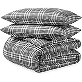 Bare Home Flannel Duvet Cover Set - King - 100% Cotton, Velvety Soft Heavyweight Premium Flannel, Double Brushed - Includes Sham Pillow Covers (King, Stirling Plaid - Grey/White)