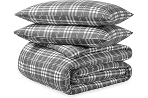 Bare Home Flannel Duvet Cover Set - Queen - 100% Cotton, Velvety Soft Heavyweight Premium Flannel, Double Brushed - Includes Sham Pillow Covers (Queen, Stirling Plaid - Grey/White)