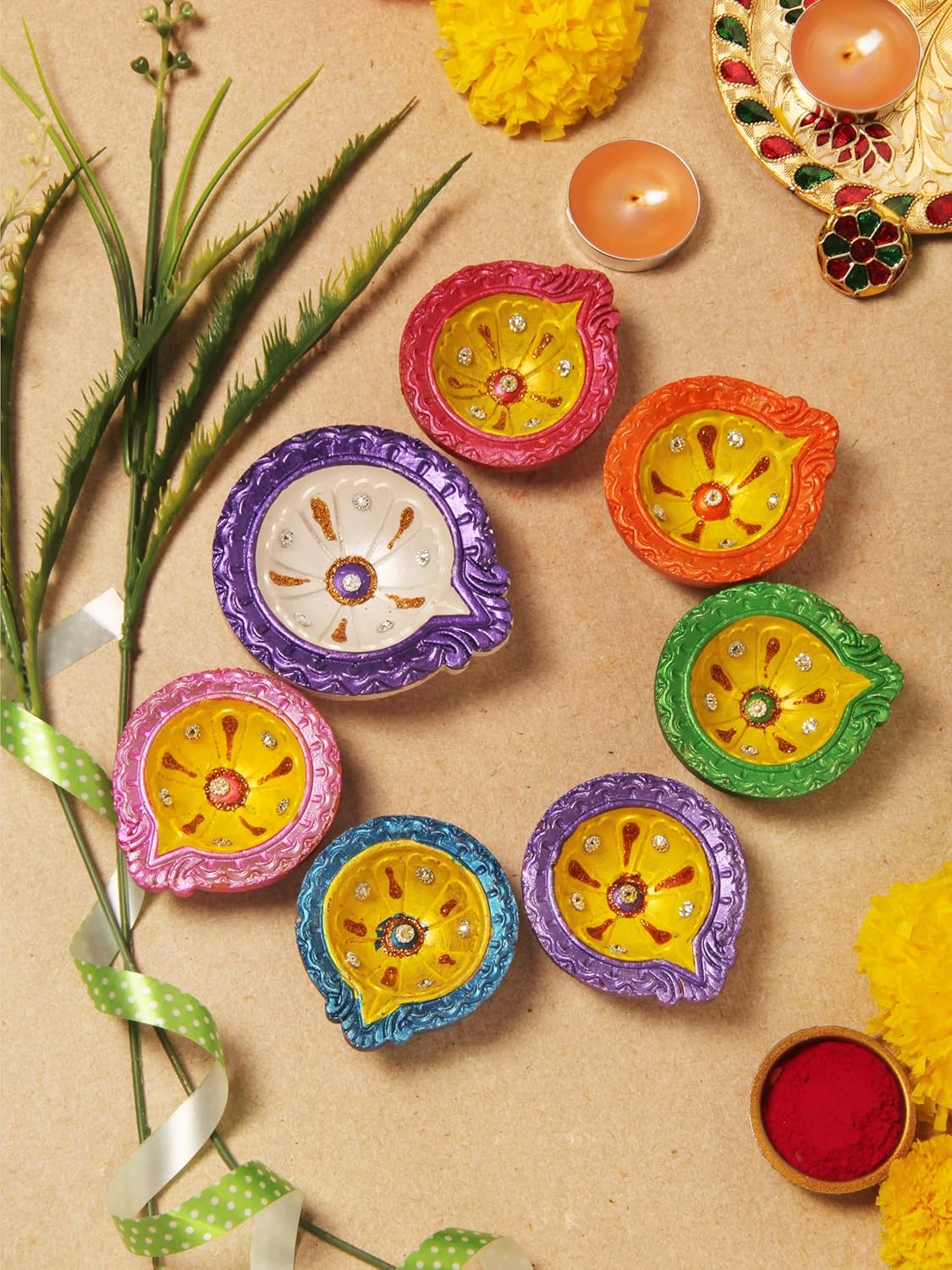 Oil Lamps & Accessories - Premium Handmade Terracoaat Set of 7 Multicolor Diwali Clay Diya for Diwali/Navratri Decorations Oil Lamp Clay Diya Tea Light Holder Indian Decor Festival Gifts Puja Items