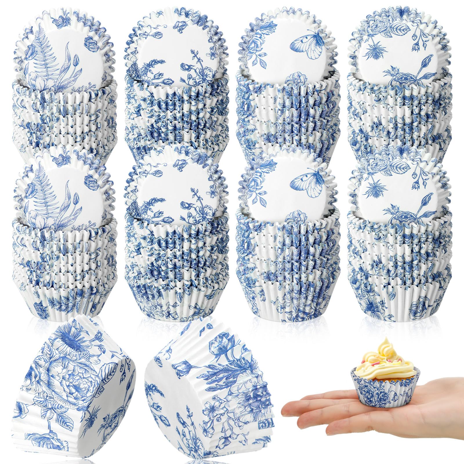 Photo 1 of Jetec 800 Pcs Blue and White Flower Cupcake Liners Flower Cupcake Wrappers Grease Proof Blue Muffin Liners Disposable Papers Baking Cups for Baking Weddings Party(3.15 x 1.97 x 1.18 Inch)