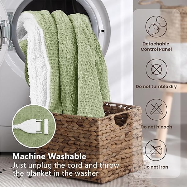 BLUNIQUE HEATED BLANKET ELECTRIC BLANKET QUEEN WAFFLE, 84X90 INCHES DUAL CONTROLLERS SHERPA FLEECE FAST HEATING BLANKET 6 HEATING LEVELS & 10 HOURS AUTO OFF ETL CERTIFICATION, SAGE QUEEN