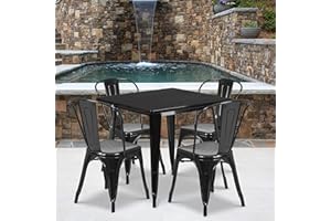 EMMA + OLIVER Commercial 31.5" Square Black Metal Indoor-Outdoor Table Set-4 Stack Chairs
