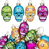 Watayo 12 PCS Day of The Dead Glass Ornaments, Dia De Los Muertos Sugar Skull Ornaments, Halloween Hanging Skeleton Head Decorations for Party Xmas Tree Decoration