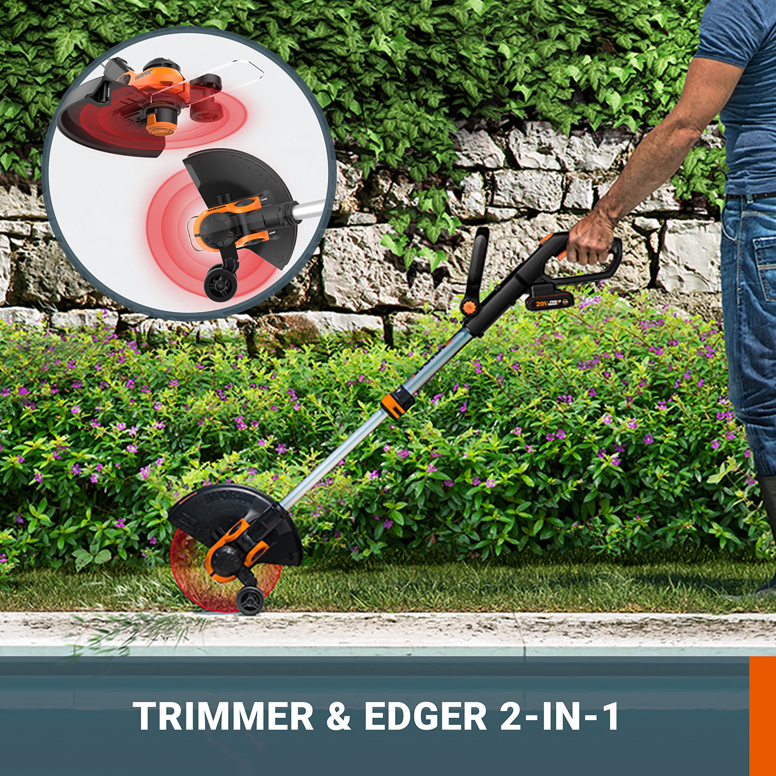 WORX WG163E.2 Akku Rasentrimmer 20V, 2-in-1 Rasentrimmer mit 90° drehbarer Trimmerkopf, 30cm Schnittdurchmesser, Teleslopstiel (inkl. 2Ah Akku & Ladegerät) 2