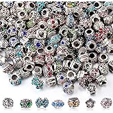 200 Pieces European Bead for Jewelry Making with Silver Metal Rhinestone Alloy Rhinestone Metal Assorted Crystal Boho Charm Retro Antique Spacer Beads for DIY Charm Bracelet Supplies