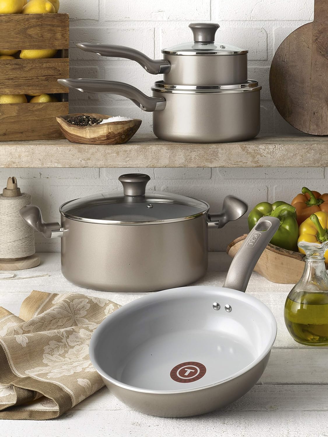 T-fal G919SE64 Initiatives Ceramic Nonstick Dishwasher Safe Toxic Free 14-Piece Cookware Set, Gold: Kitchen & Dining