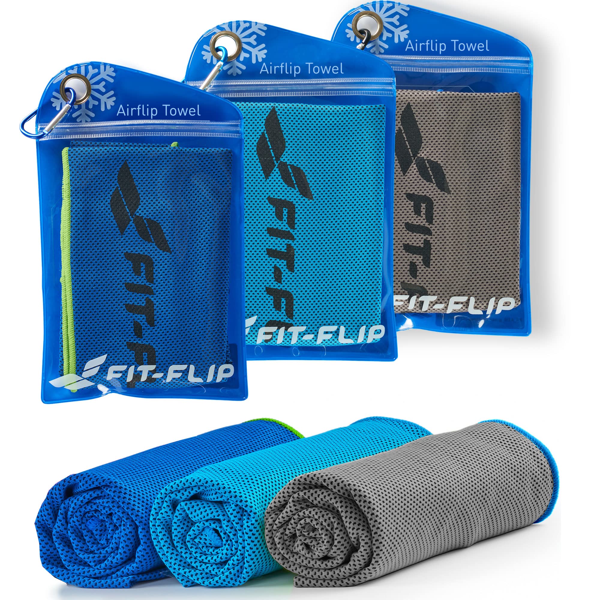Fit-Flip Set of Cooling towels - Airflip - cool touch microfibre ice towel as wet neck scarf - cold cloth for sport, yoga and fitness (dark blue-green/grey-blue/blue-dark blue, 100x30cm)