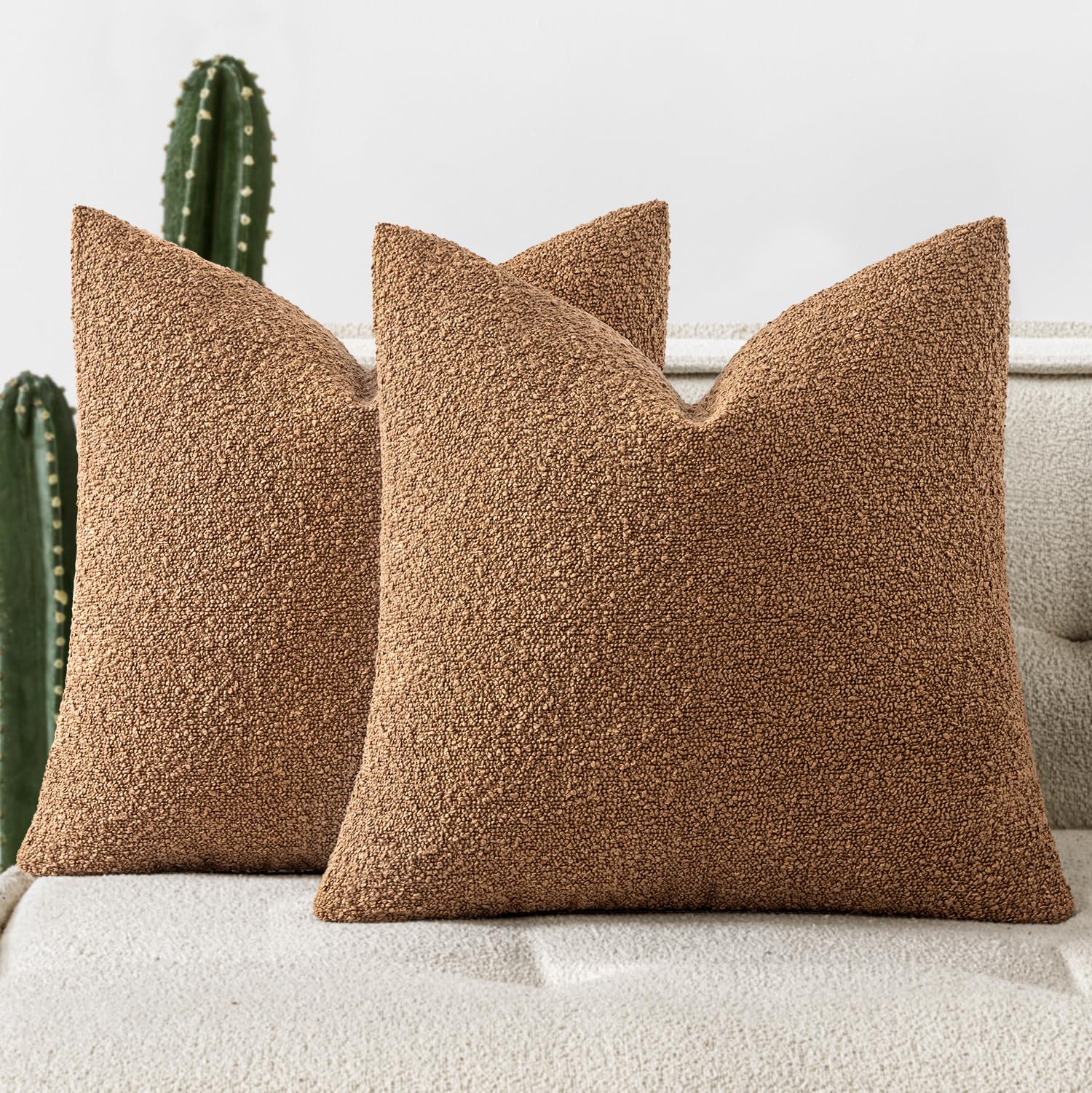 Photo 1 of Woaboy Pack of 2 18x18 Inch Decorative Boucle Throw Pillow Covers Textured Square Pillowcaes Accent Solid Cozy Soft Cushion Covers Home Decor for Sofa Couch Living Room Home Decor,Brown