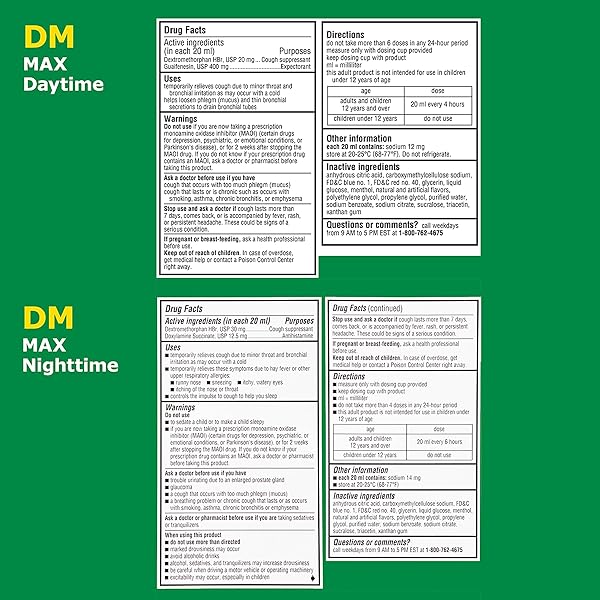 ROBITUSSIN DM MAX COUGH PLUS CHEST CONGESTION AND ROBITUSSIN MAXIMUM STRENGTH NIGHTTIME COUGH DM, ADULT FORMULAS – 2 X 8 FL OZ BOTTLES