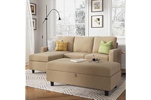 HONBAY Sectional Sofa with Ottoman L Shaped Couch Sleeper with Storage Ottoman Sectional Sofa with Chaise, Beige
