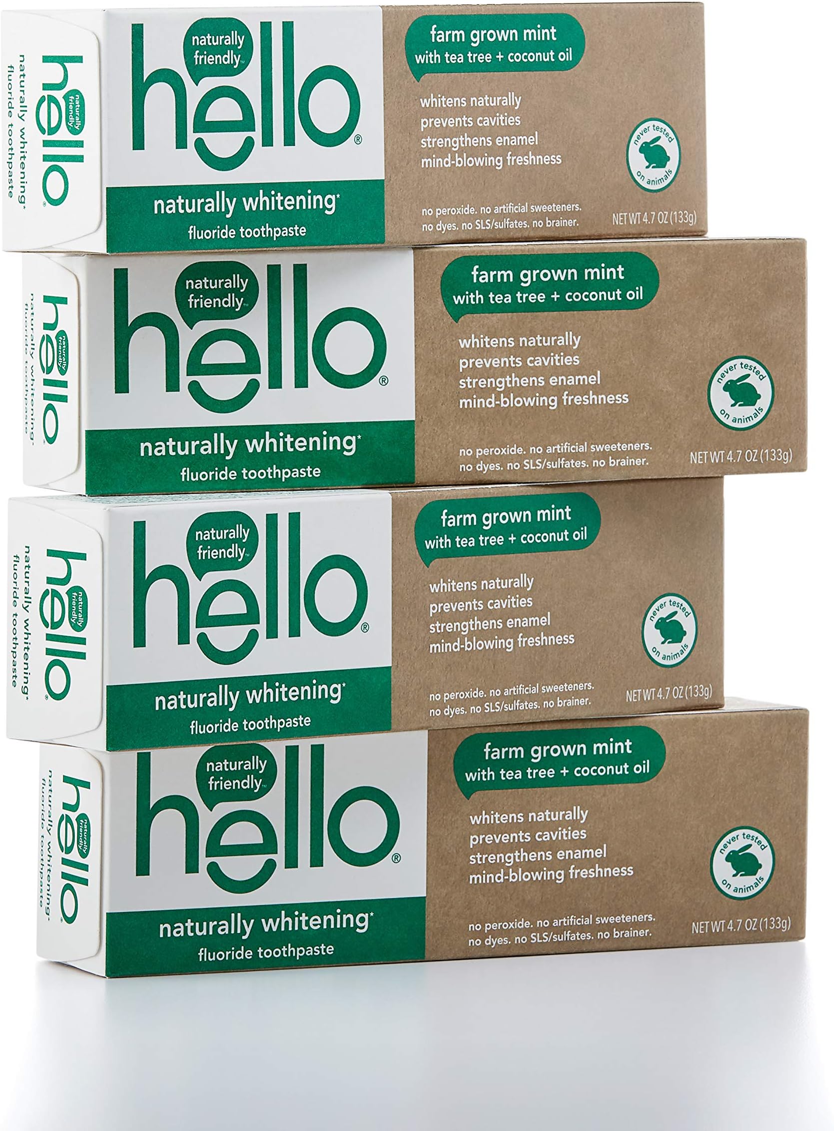Hello Oral Care Naturally Whitening Fluoride Toothpaste, Vegan & SLS Free, Farm Grown Mint with Tea Tree Oil & Coconut Oil, 4 Count
